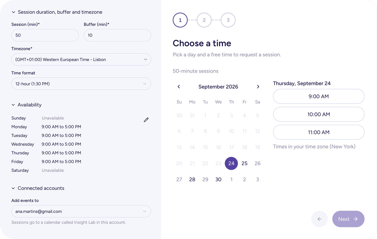 A booking from both sides: the coach’s availability and session length, and the client picking a free time