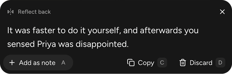 Ask AI’s reflection, with Add as note, Copy and Discard
