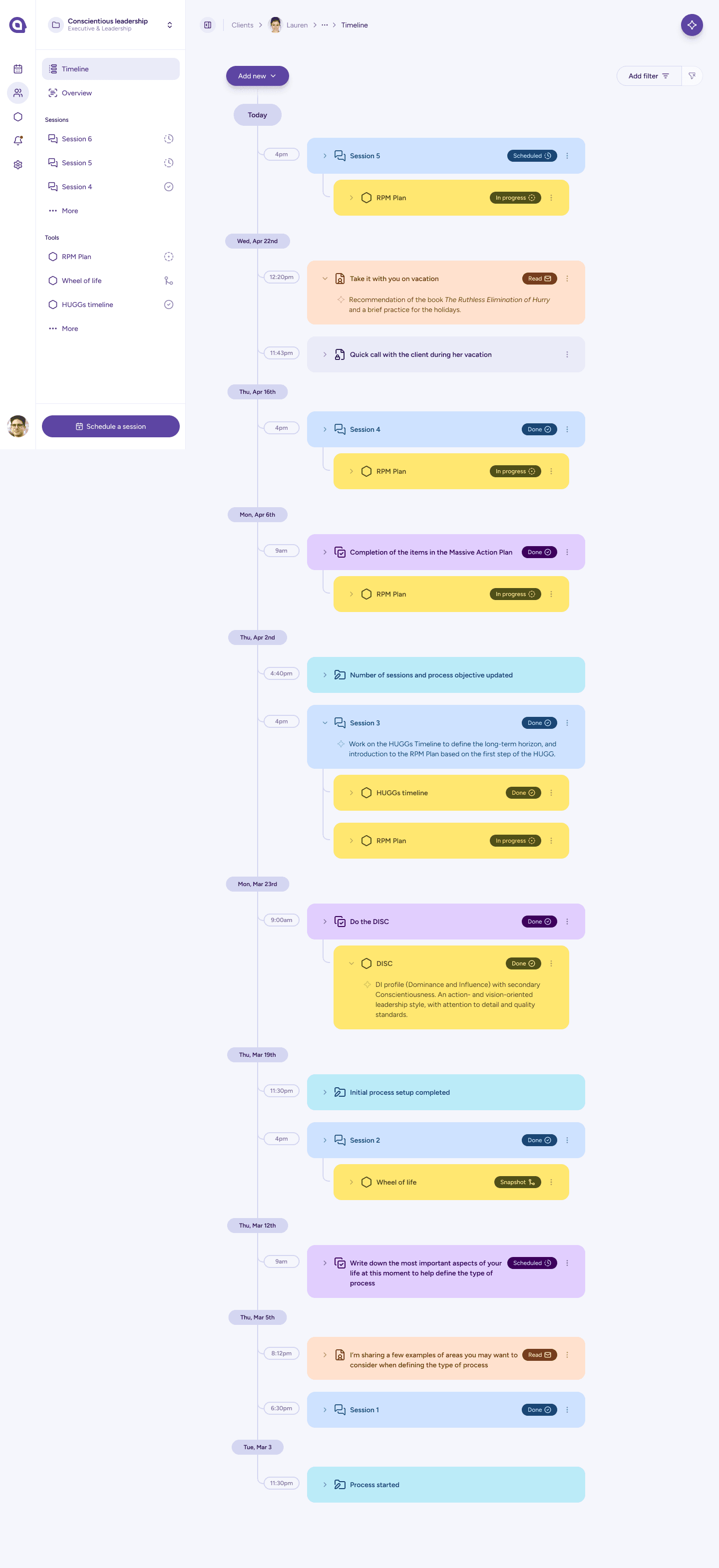 A client's process, as one timeline of sessions, tasks and notes