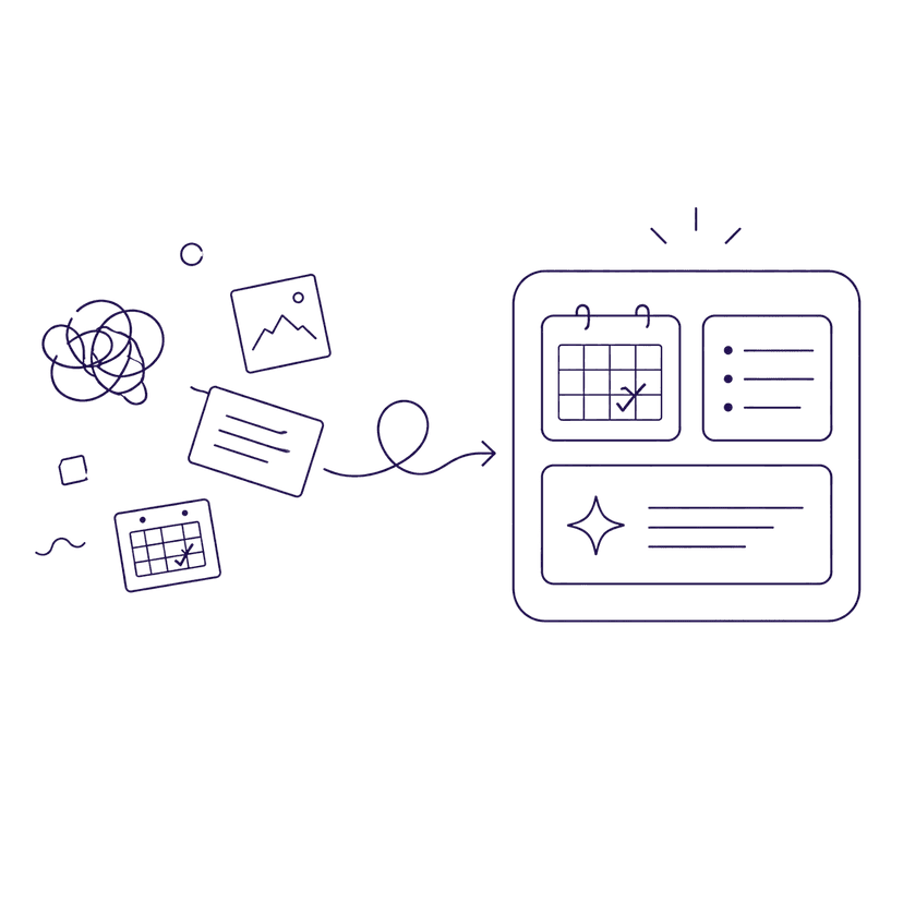 Scattered notes, calendars and images gathering into a single workspace