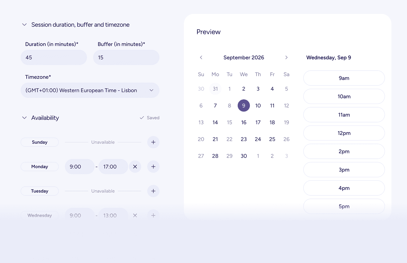 The availability settings, with working days and session length