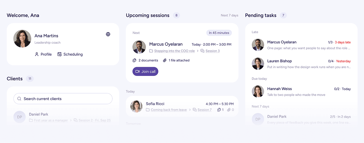 Today: upcoming sessions and pending tasks
