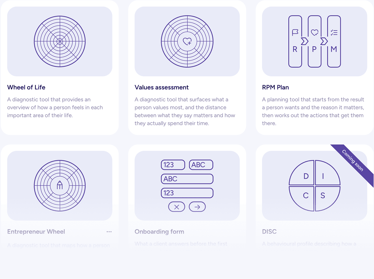 The tool library: the Wheel of Life, values, RPM Plan and the coach’s own wheels